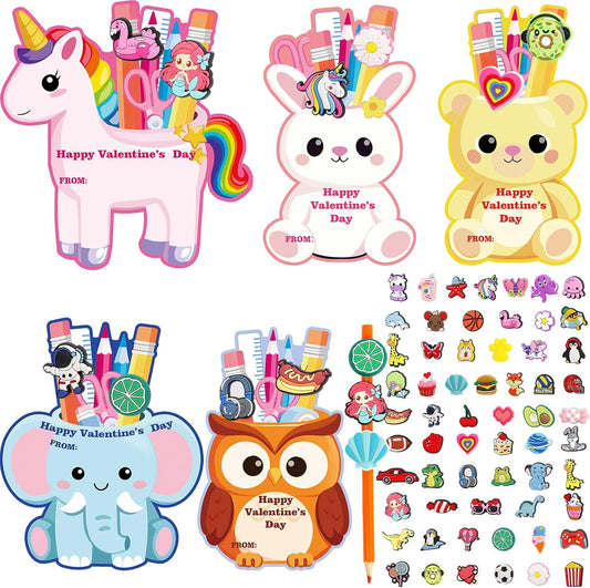 Valentine's Cards with Pencil Clips & Charms – 60-Piece Classroom Exchange Set