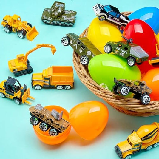 JOYIN 12 Pcs Prefilled Easter Eggs with Die-cast Vehicles, Basket Stuffers for Kids, City Cars and Trucks Toy for Easter Egg Hunt, Party Favors for Boys, Goodie Bag Fillers, Class Prize Supplies Gifts