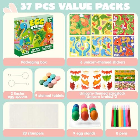 JOYIN 37 PCS Dinosaur Easter Egg Dye Decoration Kit with Dye Tablets and Stickers, Coloring Dyeing Set for Easter Theme Party, Egg Hunt Creativity Activity.