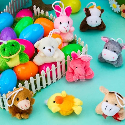 JOYIN 12 Pcs Prefilled Easter Eggs with Plush Toys, Plastic Eggs Filled with Mini Stuffed Plush Toys, Basket Stuffers for Toddlers, Easter Egg Hunt, Party Favors, Classroom Prizes for Kids