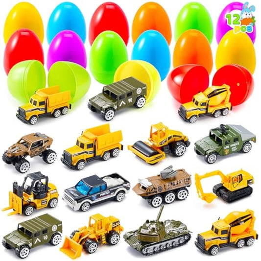 JOYIN 12 Pcs Prefilled Easter Eggs with Die-cast Vehicles, Basket Stuffers for Kids, City Cars and Trucks Toy for Easter Egg Hunt, Party Favors for Boys, Goodie Bag Fillers, Class Prize Supplies Gifts