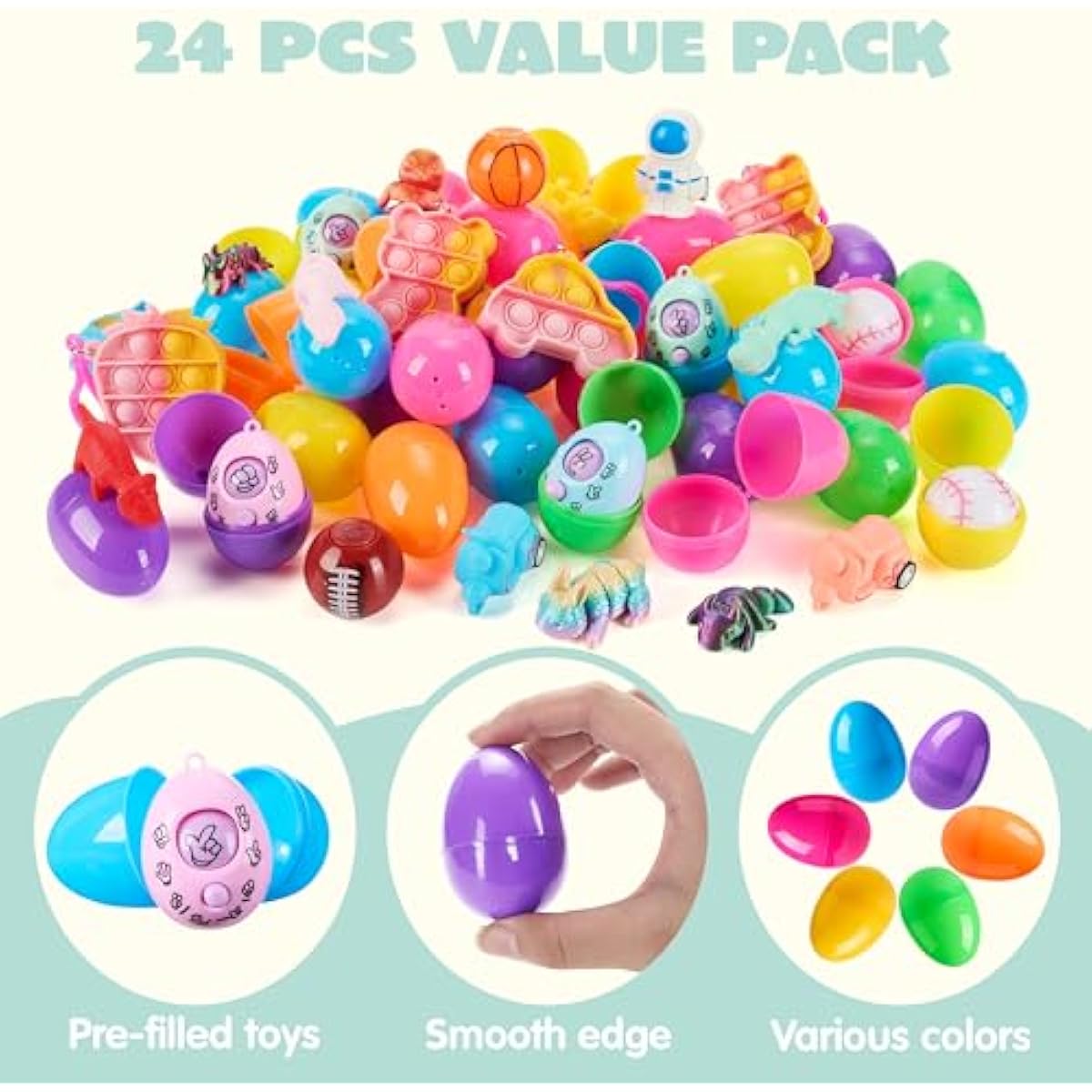 JOYIN 24Pcs Easter Eggs Prefilled with Assorted Toys, Easter Basket Stuffers for Kids, Easter Egg Hunt , Classroom Prize Supplies