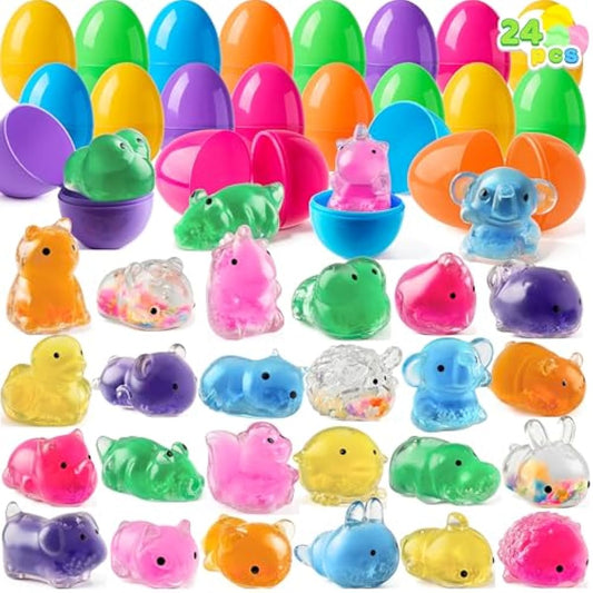 JOYIN 24 Pcs Easter Prefilled Eggs with Mochi Squishy Toy, Cute Animal Squishy Toy Fillers for Easter Egg Hunt, Basket Stuffers, Stress Release, Classroom Prize Supplies, Party Favors Gifts Bulk
