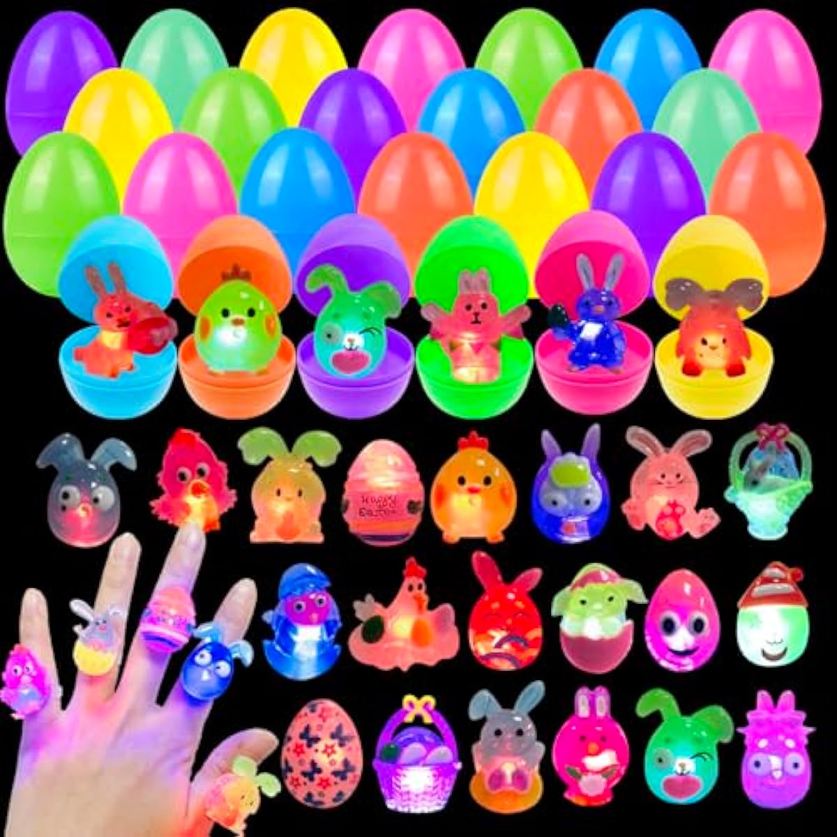 24 Pack Prefilled Easter Eggs with 3D Finger Lights Up Rings Toys Grow in the Dark Great for Kids Girls Boys Easter Basket Stuffers Party Favors Eggs Fillers