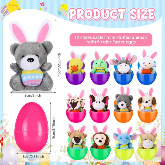 Easter Eggs with Plush Stuffed Animals – 24-Pack Hunt Fillers & Party Favors